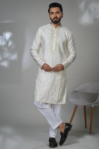 White blended cotton embroidered kurta pajama for mens