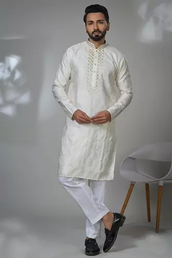 White blended cotton embroidered kurta pajama for mens