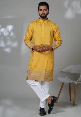 Yellow shimmer embroidered kurta pajama for mens 1