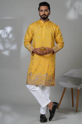 Yellow shimmer embroidered kurta pajama for mens