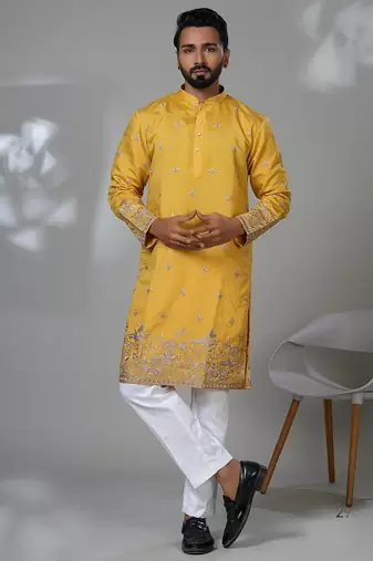 Yellow shimmer embroidered kurta pajama for mens
