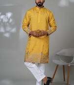 Yellow shimmer embroidered kurta pajama for mens