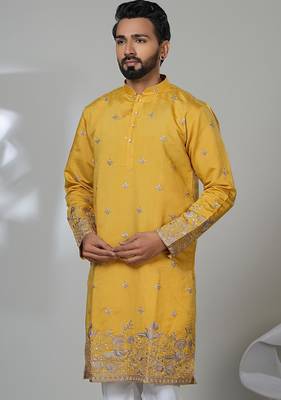 Yellow shimmer embroidered kurta pajama for mens 2