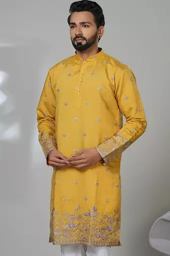 Yellow shimmer embroidered kurta pajama for mens