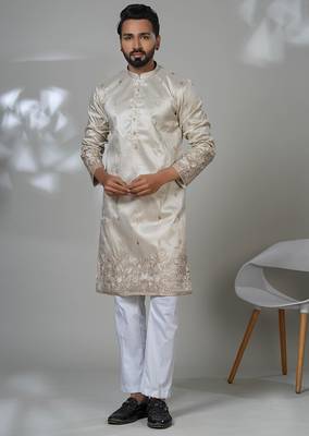 Beige silk embroidered kurta pajama for mens 1