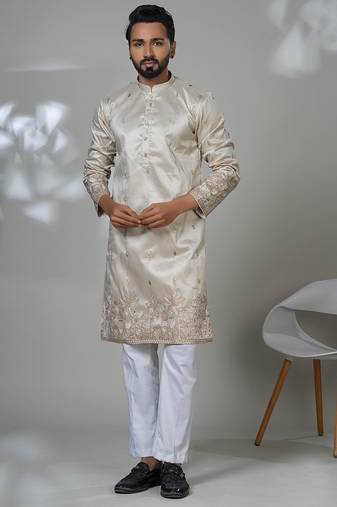Beige silk embroidered kurta pajama for mens