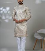 Beige silk embroidered kurta pajama for mens