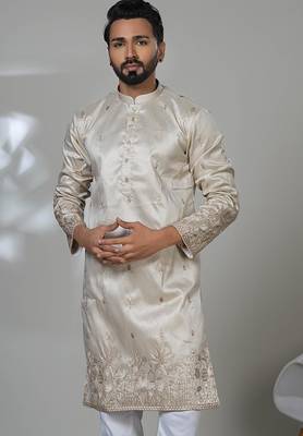 Beige silk embroidered kurta pajama for mens 2