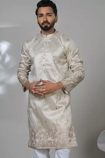 Beige silk embroidered kurta pajama for mens