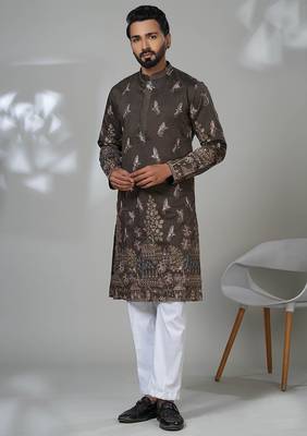 Brown blended cotton embroidered kurta pajama for mens 1