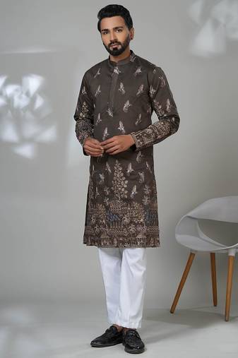 Brown blended cotton embroidered kurta pajama for mens