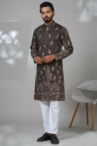 Brown blended cotton embroidered kurta pajama for mens