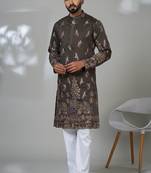 Brown blended cotton embroidered kurta pajama for mens