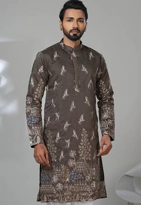 Brown blended cotton embroidered kurta pajama for mens 2