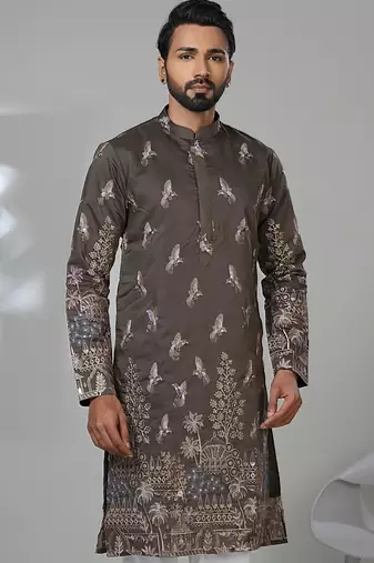 Brown blended cotton embroidered kurta pajama for mens
