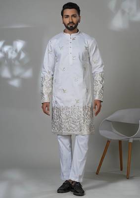 White silk embroidered kurta pajama for mens 1