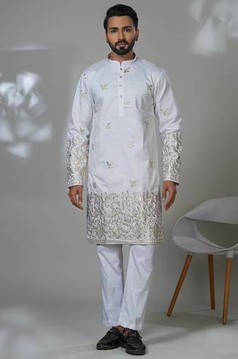 White silk embroidered kurta pajama for mens