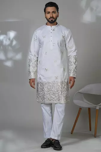 White silk embroidered kurta pajama for mens