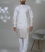 White silk embroidered kurta pajama for mens