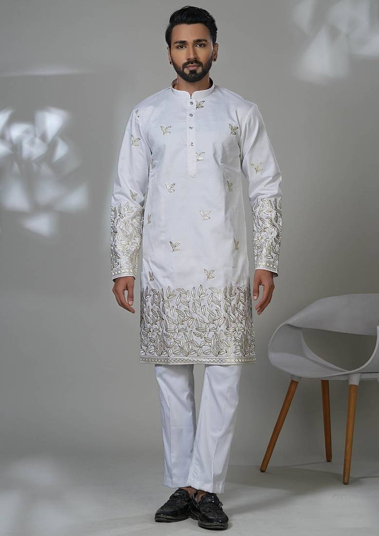 White silk embroidered kurta pajama for mens