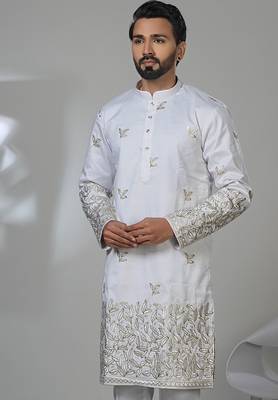White silk embroidered kurta pajama for mens 2