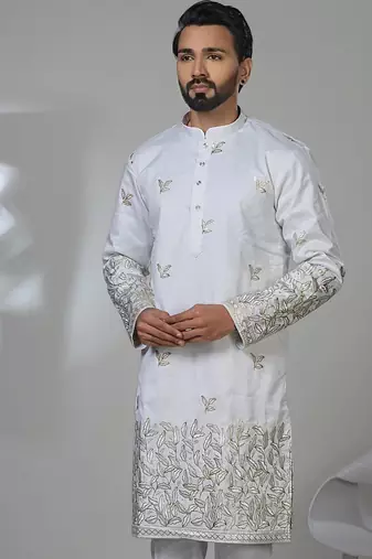 White silk embroidered kurta pajama for mens
