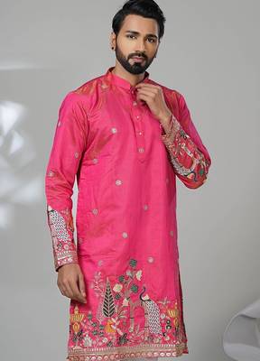 Pink shimmer embroidered kurta pajama for mens 2