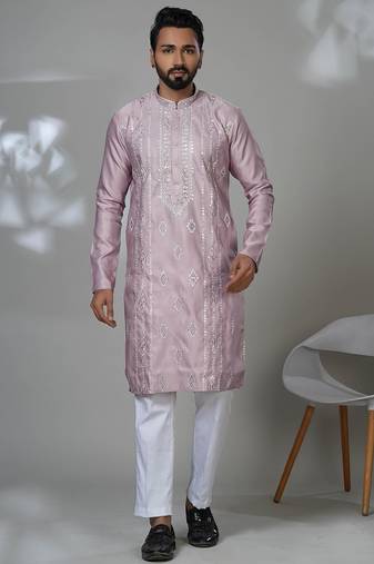 Pink blended cotton embroidered kurta pajama for mens