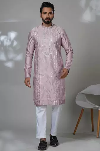 Pink blended cotton embroidered kurta pajama for mens
