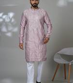 Pink blended cotton embroidered kurta pajama for mens