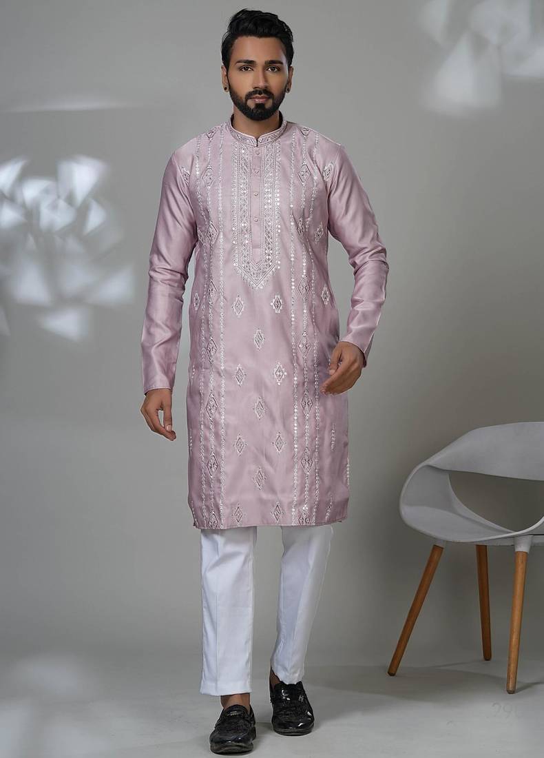 Pink blended cotton embroidered kurta pajama for mens