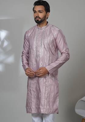 Pink blended cotton embroidered kurta pajama for mens 2