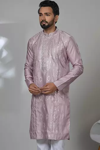 Pink blended cotton embroidered kurta pajama for mens
