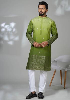 Green shimmer embroidered kurta pajama for mens 1
