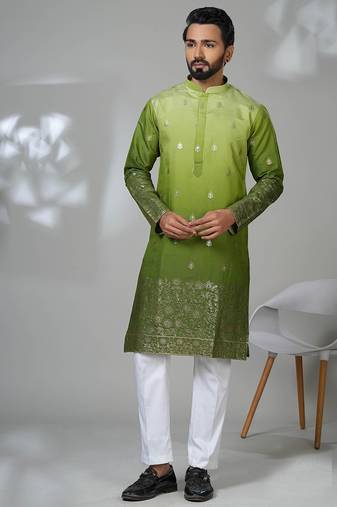 Green shimmer embroidered kurta pajama for mens