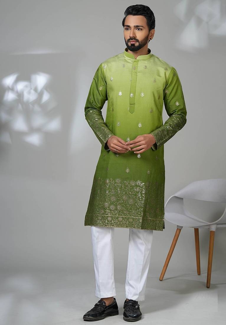 Green shimmer embroidered kurta pajama for mens
