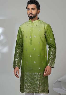 Green shimmer embroidered kurta pajama for mens 2