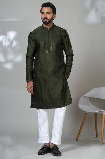 Green blended cotton embroidered kurta pajama for mens
