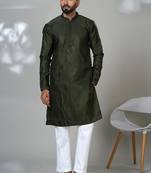 Green blended cotton embroidered kurta pajama for mens