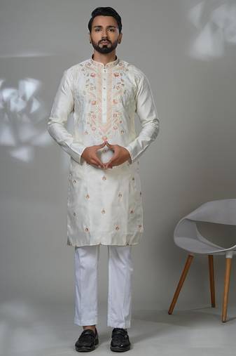White blended cotton embroidered kurta pajama for mens