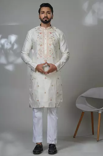 White blended cotton embroidered kurta pajama for mens
