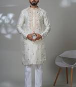 White blended cotton embroidered kurta pajama for mens