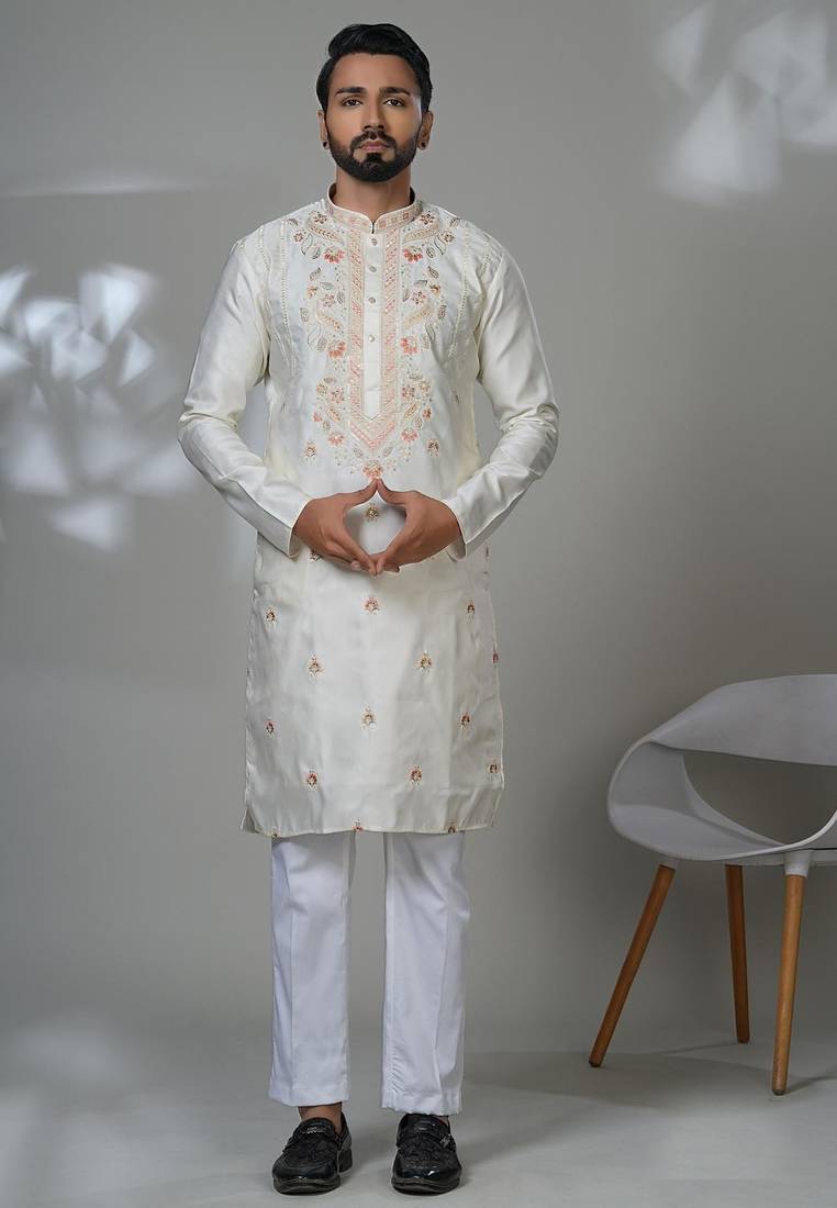 White blended cotton embroidered kurta pajama for mens