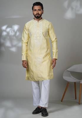 Yellow blended cotton embroidered kurta pajama for mens 1