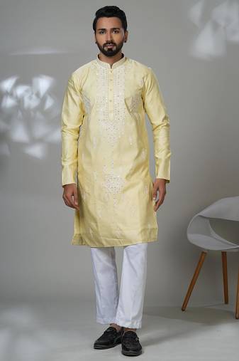 Yellow blended cotton embroidered kurta pajama for mens