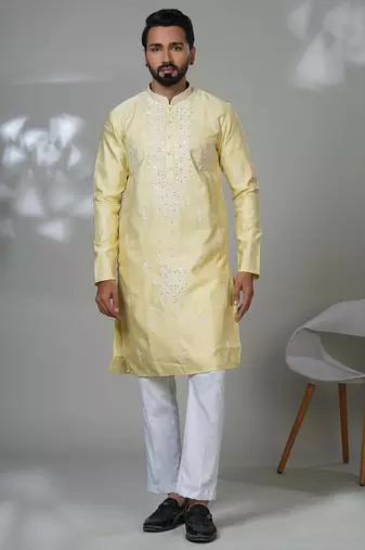 Yellow blended cotton embroidered kurta pajama for mens