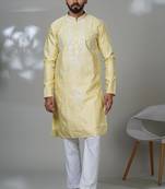 Yellow blended cotton embroidered kurta pajama for mens