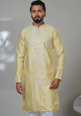 Yellow blended cotton embroidered kurta pajama for mens 2