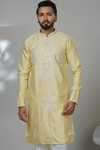 Yellow blended cotton embroidered kurta pajama for mens