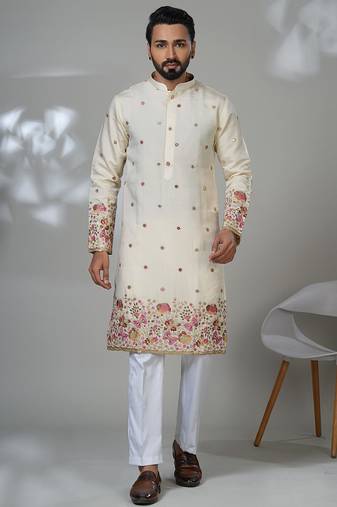 White shimmer embroidered kurta pajama for mens